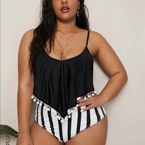 Striped Pom Pom Trim 2 Piece Swimsuit